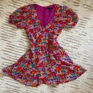 Floral V-Neck Dress with Puff Sleeves